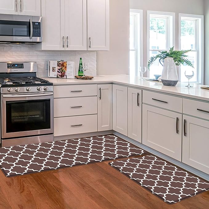 KMAT Kitchen Mat [2 PCS] Cushioned Anti-Fatigue Kitchen Mats and Rugs, Waterproof Non-Slip Kitchen Rug Heavy Duty PVC Ergonomic Comfort Standing Foam Mat for Floor Home, Sink, Laundry,Brown