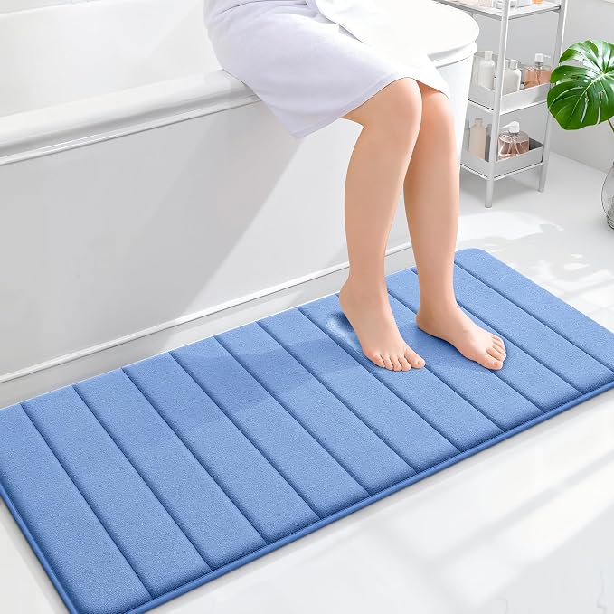 OLANLY Memory Foam Long Bathroom Rugs Runner 47x20, Super Soft Absorbent Bath Mat, Quick Dry, Machine Washable Shower Rugs, Bathmat Carpet, Bathroom Home Decor Accessories, Cornflower Blue