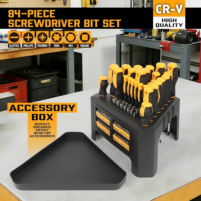 Amartisan 84-Piece Magnetic Screwdriver Set with Quick-Store Rack & Tray, DIY Hand Tool Kit for Men, Gift Idea, Includes Precision Screwdrivers, Ratchet Handle, Nut Drivers & Bit Set