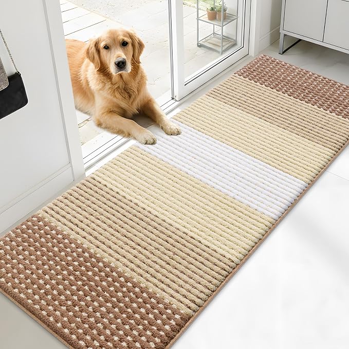 Kitinjoy Indoor Outdoor Door Mat, 71x24 Non-Slip Absorbent Dirt Trapper, Low-Profile Washable Inside Entrance Front Floor Mat, Sturdy Soft Entry Dotted Ombre Doormats for Entryway, Light Brown