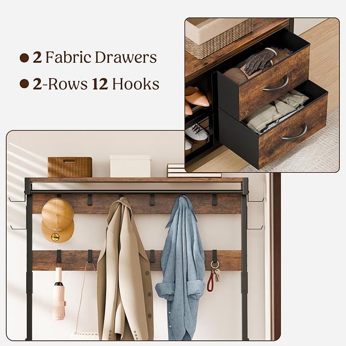 Lulive Hall Tree with Bench and Shoe Storage, 39.4” Entryway Bench with Coat Rack freestanding, 5 in 1 Entryway Furniture Organizer Large Coat and Shoe Rack with 21 Hooks and Drawers, Rustic Brown