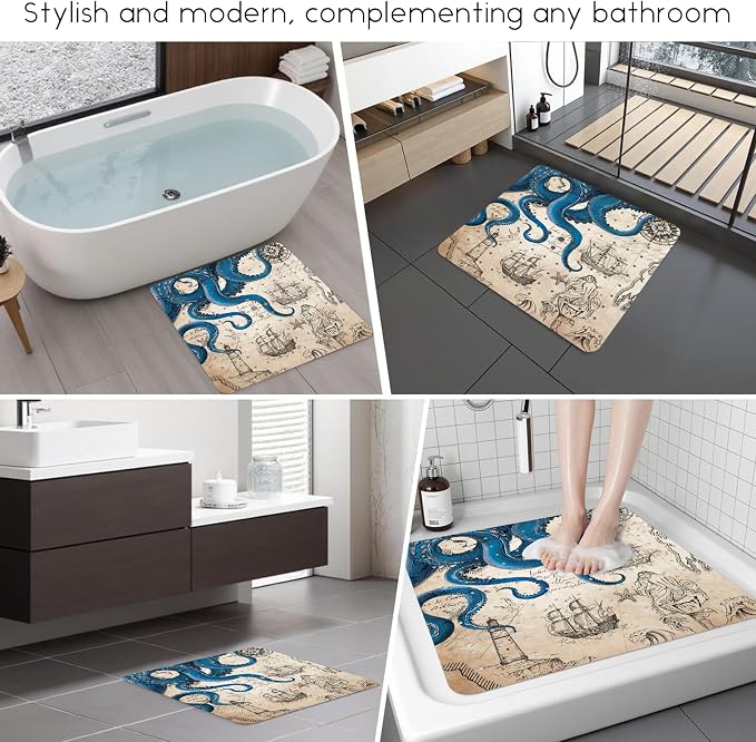 Bathtub Mat Non Slip, Octopus Square Bath tub Mat Shower Floor Mat with Suction Cups for Adults Kids Elderly 21 X 21 Inch