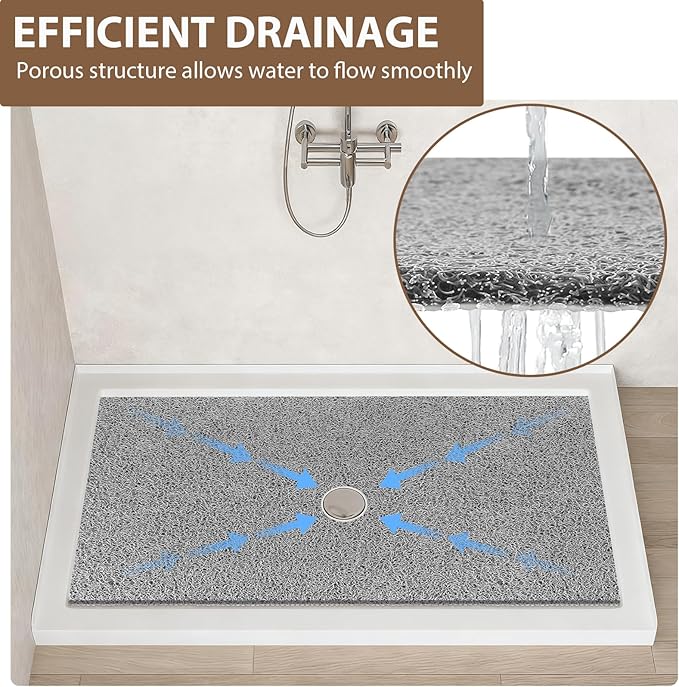Large Non Slip Shower Mat: 32x24 inch Loofah Shower Mat for Inside Shower with Drain Hole in Middle, Soft PVC Anti-Slip Shower Stall Mats for Bathroom,Wet Area, Quick Drying