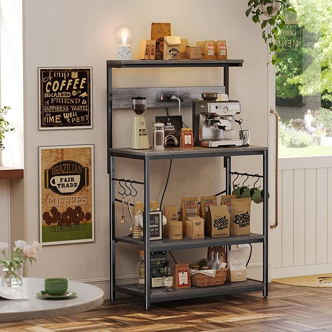 SUPERJARE Bakers Rack with Power Outlets, Microwave Stand, 31.5 X 16.5 Inch Larger Desktop, Kitchen Storage Rack with Adjustable Middle Shelf, 6 S-Shaped Hooks, Coffee Bar Stand, Grey