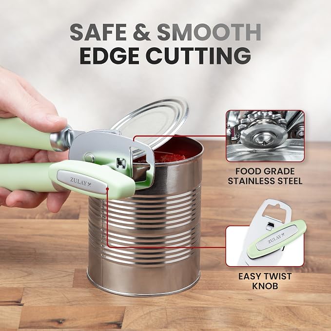 Zulay Kitchen Heavy Duty Stainless Steel Can Opener Manual with Bottle Opener - Rust Proof Manual Can Opener With Turn Knob & Comfy Soft Grip Handles - Pistachio
