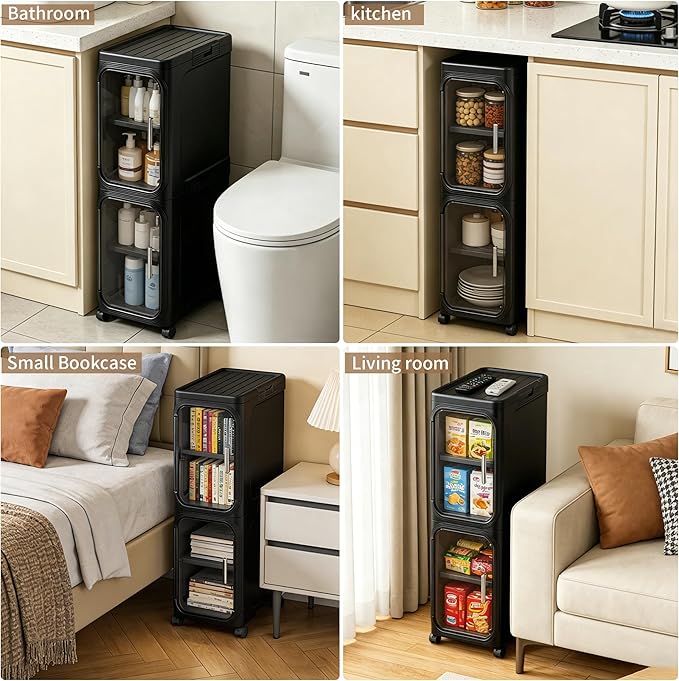 LXLXXL Narrow Storage Cabinet Slim Bathroom Storage Cabinet with Movable Wheels Tall Bathroom Organizer Skinny Cabinet for Small Spaces，2-Tier Black