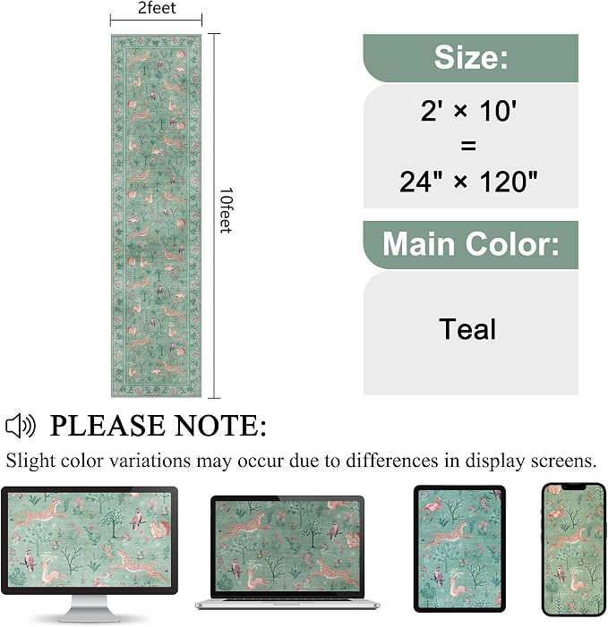 DUKINO 2x10 Rug for Hallway, Washable Kitchen Runner Rug with Non Slip Backing, Soft Low Pile Vintage Animal Runner for Bedroom, Kitchen, Hallway, Entryway, Laundry, Teal