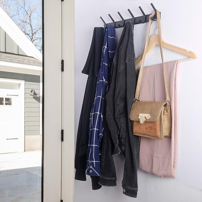 WEBI Coat Rack Wall Mounted,17-1/8 Inch Hooks for Hanging Coats,Heavy Duty Metal Hook Rail with 6 Double Dual Hooks Hanger Wall Mount for Purse Clothes Jacket Backpack Entryway,Black