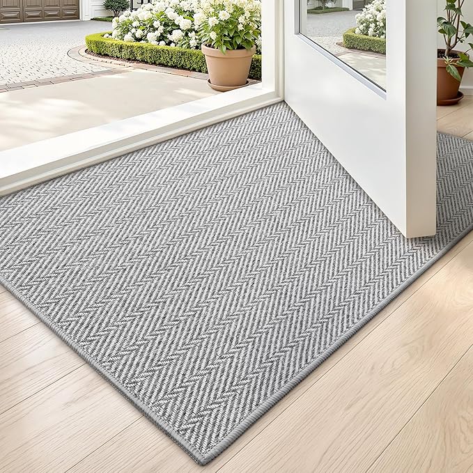 LUMI Ultra Thin Indoor Door Mat for Entrance 17"x30", Non Slip Entryway Mat, Low Profile Doormat, Unique Herringbone Design Carpet for Inside, Patio, Porch, Gray
