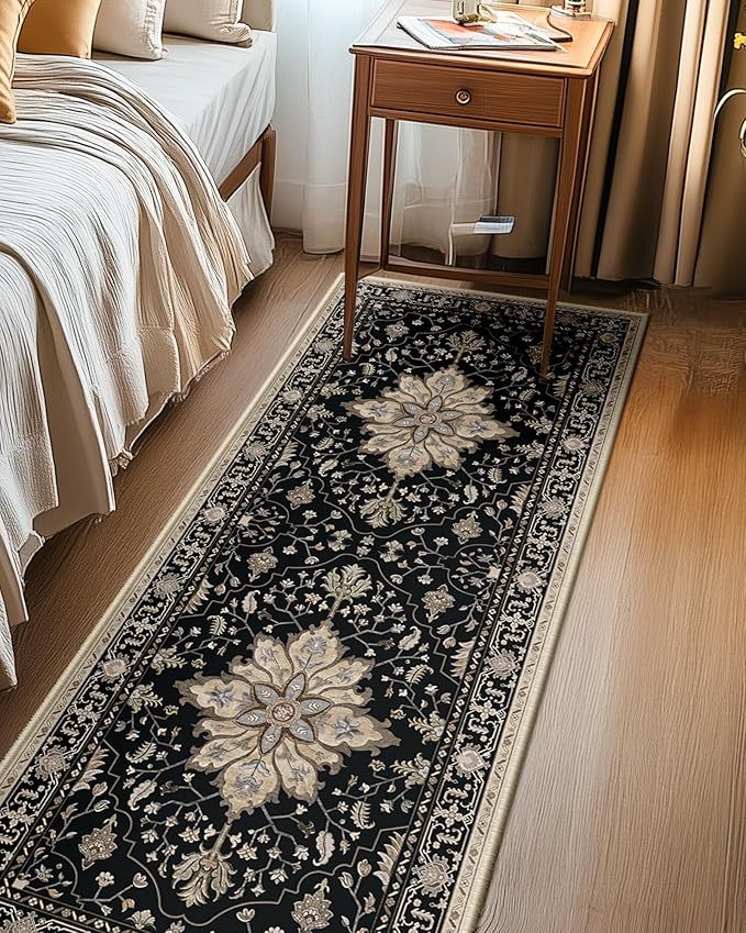RELEANY Area Rugs Runner 2'x6' Washable Non-Slip, Floral Vintage Distress Medallion Carpet for Kitchen Hallway Bedroom Beside Laundry Room Bathroom, Black Brown Neutral Dark Tan