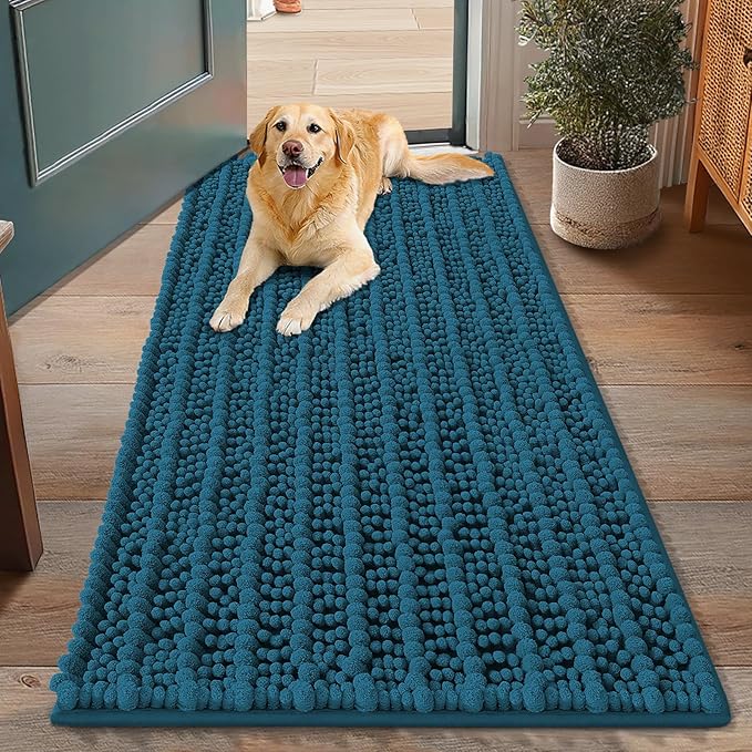 Smiry Dog Door Mat for Muddy Paws 48x30, Absorbent Dirt Trapper, Non-Slip Washable Chenille Entryway Rug for Inside Floor, Atlantic Blue, Layered Pattern