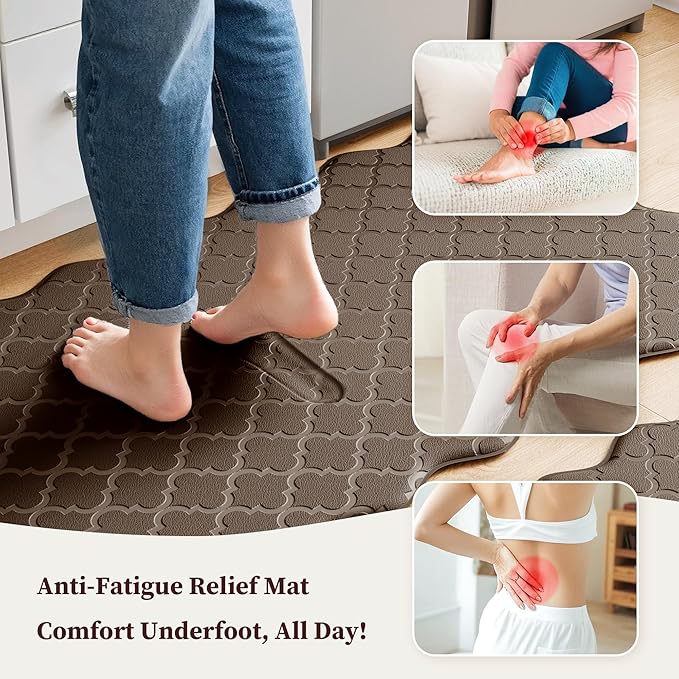 Arenarug Upgrade Scalloped Embossed Kitchen Mats for Floor 2PCS Cushioned Anti Fatigue Waterproof Foam Kitchen Rugs Non Slip Washable Comfort Standing Mat for Sink Laundry, 24"x39"+24"x59", Brown