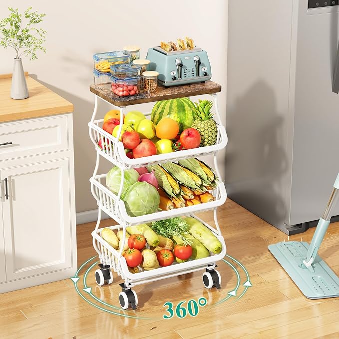 SAYZH Fruit Basket Kitchen Pantry Organizers and Storage - Wooden Top Table, Stackable Metal Wire Basket Stand Cart for Fruit Vegetable Snacks Onion Potato Organization (White, 4 Tiers)