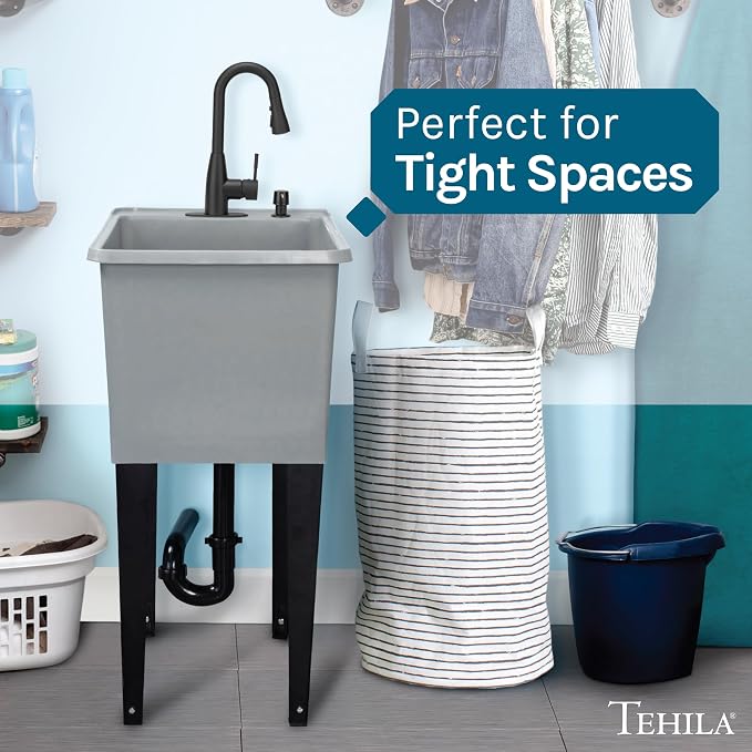 Grey Space Saver Utility Sink by JS Jackson Supplies, Freestanding Tehila Space Saving Laundry Tub, Matte Black Pull-Down Faucet, Soap Dispenser