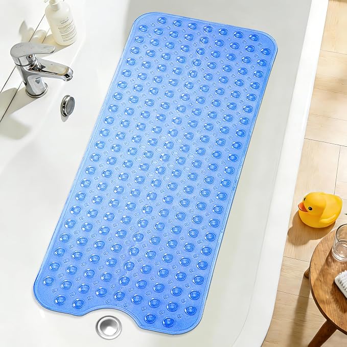 Extra Long Bathtub Mat Non Slip, Clear Navy Blue Soft Bath Mat for Tub 40 x 16 Inch Full Size, Long Shower Mats for Bathroom Floor, Big Suction Cups and Drain Holes, Easy Washable, BPA Free