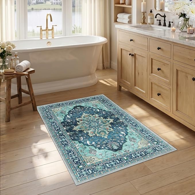 RELEANY Area Rugs Small 2'6"x4' Washable Non-Slip, Floral Vintage Distress Medallion Carpet for Kitchen Entryway Bathroom, Teal Green Lake Blue Turquoise