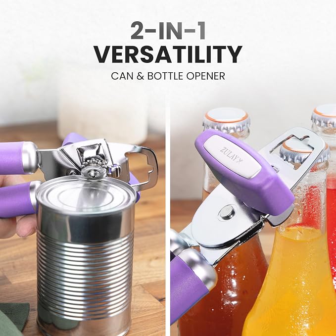 Zulay Kitchen Heavy Duty Stainless Steel Can Opener Manual with Bottle Opener - Rust Proof Manual Can Opener With Turn Knob & Comfy Soft Grip Handles - Lavender