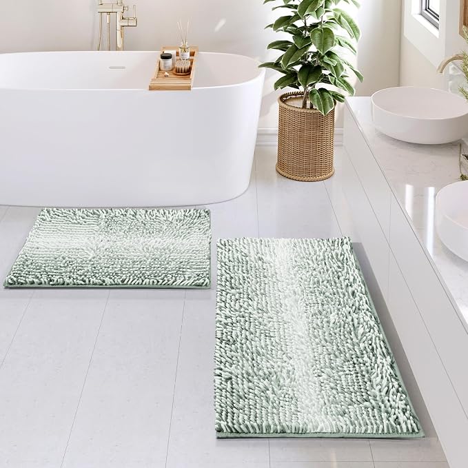 Hearth & Harbor Bathroom Rugs, Chenille Bath Mat - Machine Washable Bath Mats for Bathroom Non-Slip Backing Rubber, Quick Dry Bathroom Mat, 17 x 24 + 20 x 32 - Ombre Green