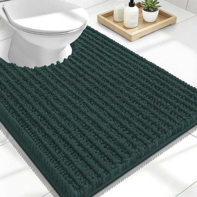 OLANLY Toilet Rugs U Shaped 24x20, Thick Soft and Absorbent Chenille Contour Bath Mat, Non-Slip Rubber Backing, Machine Washable Quick Dry Toilet Mat, Home Decor Accessories, Blackish Green