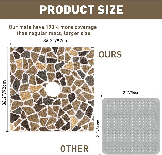 Square Shower Mat Non Slip: 36 x 36 Inch Extra Large Shower Mats with Drain Hole in Middle - PVC Loofah Anti Slip Shower Floor Matt for Inside Shower