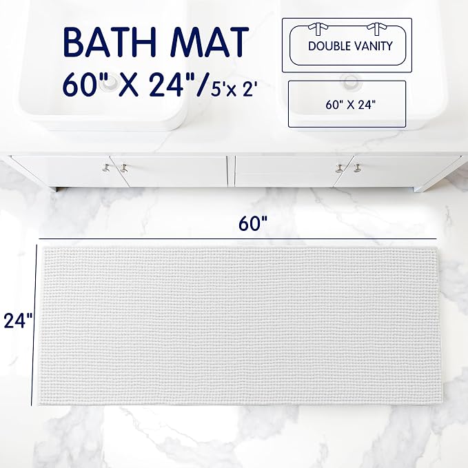 SUBRTEX Bathroom Rugs, 24" x 60" Chenille Bath Rug Soft Short Plush Bath Mat Soft Shower Mat Water Absorbent Shower Mat Quick Dry Machine Washable, White
