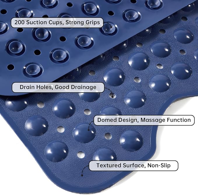 Wirhao Bathtub Mat Non Slip Shower Mat 39×16 Inches Bath Mat for Tub Machine Washable Tub Mat Large for Bathroom with Suction Cups and Drain Holes Blue