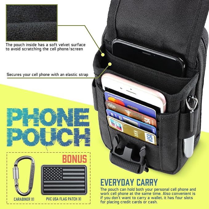 WYNEX Tactical Compass Phone Pouch, Large Molle Smartphone Holster Case Double Capacity Small Utility EDC Pouch with Compass Buckle and Carabiner