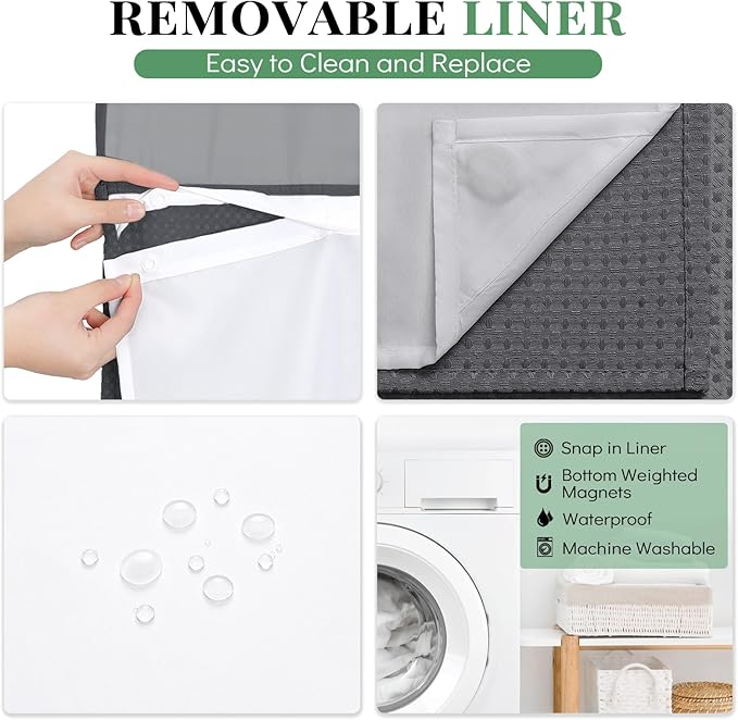 Dynamene Extra Long Shower Curtain, 84 Inch Long Waffle Fabric Shower Curtain for Bathroom, Tall Waterproof Cloth Shower Curtain Set with Hook, Snap in Liner, Mesh Top Window, Charcoal Grey, 72x84