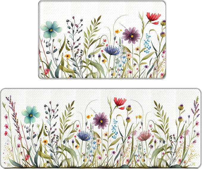 Bulijojo Wildflower Floral Anti Fatigue Kitchen Floor Mats Set of 2 Waterproof Kitchen Sink Runner Rug Standing Mat Cushioned Kitchen Rugs Comfort Doormat 17"x47"+17" x30“