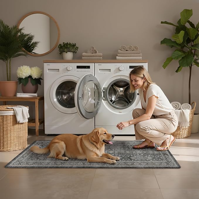 PureCozy Kitchen Mats 2PCS Anti Fatigue Cushioned Mat Black Vintage Kitchen Mats for Floor Waterproof Non Slip Comfort Standing Distressed Rug for Sink Laundry Office 17.3"x47"+17.3"x30"