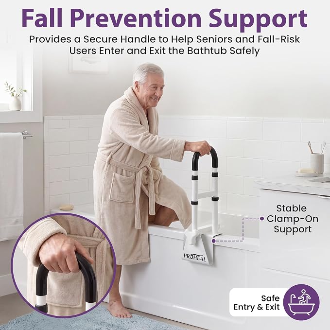 Bathtub Grab Bar for Seniors, Shower Safety Rail, Non-Slip Stainless Steel Handle, Fits 3"-7" Tub Walls, Supports 300 LBS, Adjustable Height 14.5"-17", Tool-Free Clamp-On Install - ProHeal