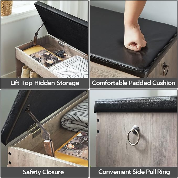 HOOBRO Shoe Storage Bench with Cushion, 32.3'' Entryway Bench with Lift Top Hidden Storage and Adjustable Shelves, Wooden Shoe Rack Bench for Entryway Bedroom, Rustic Brown and Black BG40HX01