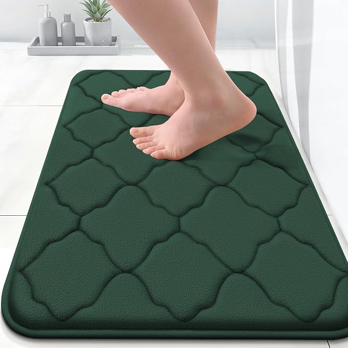 OLANLY Memory Foam Bath Mat Rug 24x16, Ultra Soft and Absorbent Bathroom Rugs, Non-Slip, Comfortable, Machine Washable Bath Carpet for Bathroom Floor, Tub Shower and Home Decor Accessories, Dark Green