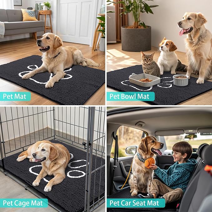 Smiry Dog Door Mat for Muddy Paws, Absorbent Dirt Trapper Non Slip Quick Dry Washable Chenille Mat for Mud Dogs, Entry Rug for Indoor and Outdoor (45x27 Inches, Black and White)