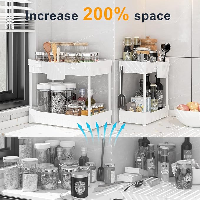 Sevenblue 2 Pack Under Sink Organizer, Under Bathroom Cabinet Organizer with Hooks Hanging Cup, Multi-Purpose Storage Shelf for Kitchen Bathroom (White, 14.8 Inch)