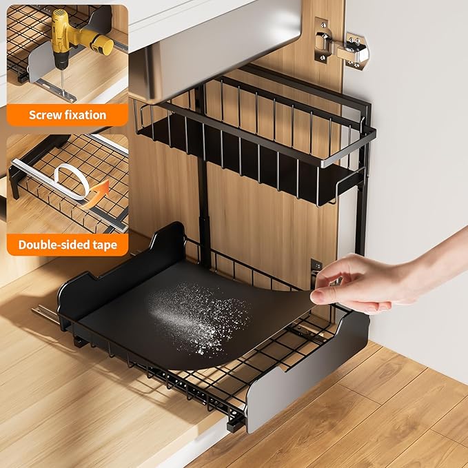 PureBox Under Sink Organizer, 2-Tier L-Shaped Pull Out Cabinet Shelf with 2 Installation Methods, Adjustable Sliding Storage Drawer for Kitchen, Bathroom, Laundry, Metal, Black