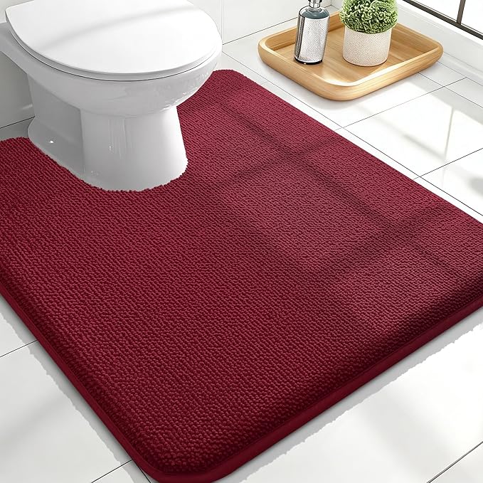 OLANLY Toilet Rugs U-Shaped 24x20, Extra Soft Absorbent Thick Memory Foam Contour Bathroom Rugs, Dry Quickly, Machine Washable, Non-Slip Toilet Bath Mat, Home Decor Accessories, Burgundy