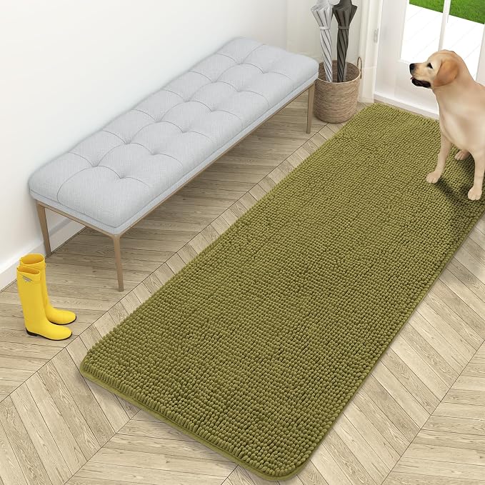 OLANLY Dog Door Mat for Muddy Paws 59x24, Absorbs Moisture and Dirt, Absorbent Non-Slip Washable Doormat, Quick Dry Chenille Mud Mat, Entry Indoor Entryway Carpet for Inside Floor, Willow Green