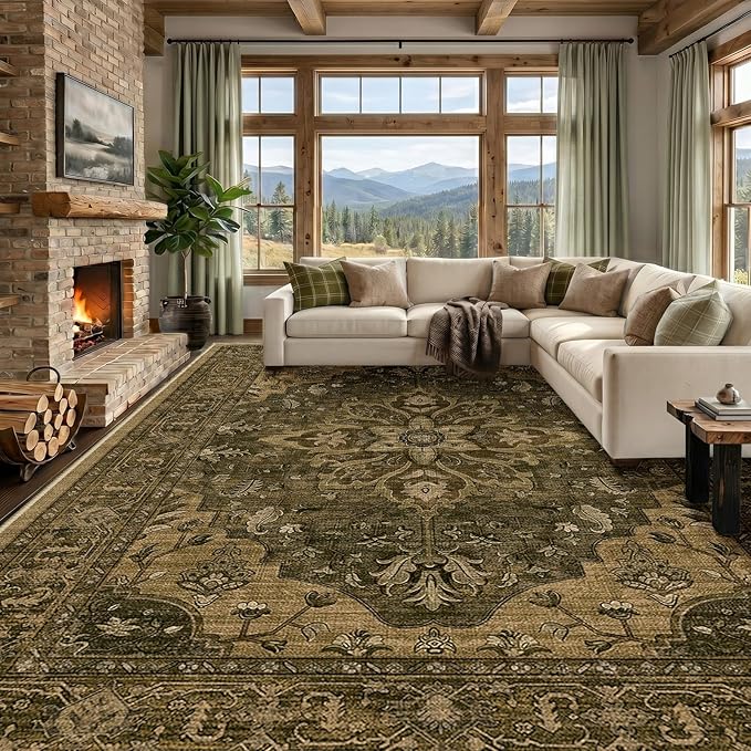 RELEANY Area Rugs Large 10'x12' Washable Non-Slip, Floral Vintage Distress Medallion Carpet for Living Room Bedroom Dining Room, Brown Dark Brown