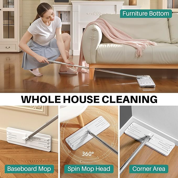 JOYMOOP Flat Mop and Bucket Set, White Microfiber Flat Mop System, Hands-Free Floor Cleaning Kit, 8 Washable Microfiber Pads, Wet and Dry Use, Commercial & Household Floor Cleaning Kit
