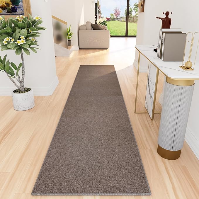 AREDO Runner Rug with Non Slip Rubber Backing, Washable Soft Floor Carpet for Kitchen, Hallway, Entryway Indoor, Bedroom, Laundry, Low Pile Area Rugs, Solid color with Pointillism style, 2*10 ft BROWN