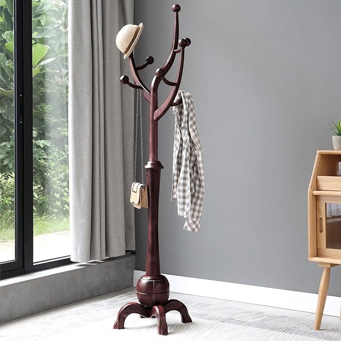 Bekrvio Coat Rack Freestanding Wood Tree Rack with 8 Hooks, Creative Design Tree Branch-look, Coat Tree Clothes Hanger Stand with Stable Sphere Base for Entryway, Hallway, Bedroom (Wine Red)