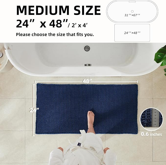 TYUU Waffle Bath Mat, Boho Bathroom Rugs Non Slip Washable Super Absorbent Quick Dry Bath Mat Farmhouse Bathroom Decor, 48"x24" Navy Blue