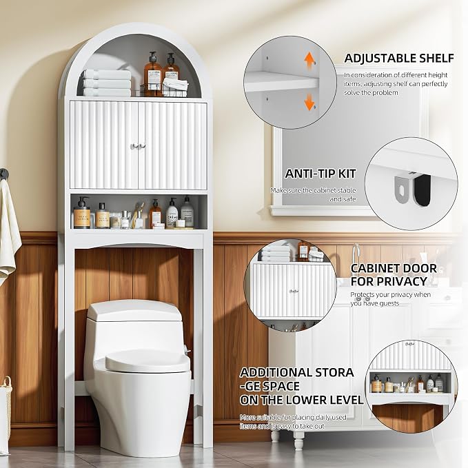 Spurgehom Over The Toilet Storage Cabinet, Bathroom Shelf Organizer Freestanding, Bathroom Arch Cabinet Over Toilet with Fluted Door and Anti-Tipping Device, White