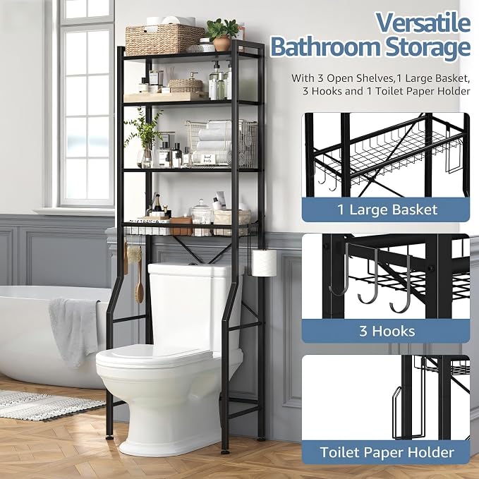 DUMOS Over-The-Toilet Storage Rack, 4-Tier Freestanding Bathroom Organizer Shelf Over Toilets with Adjustable Shelf and Basket, Space Saver Above Toilet Storage Cabinet with 3 Hooks for Rooms, Black