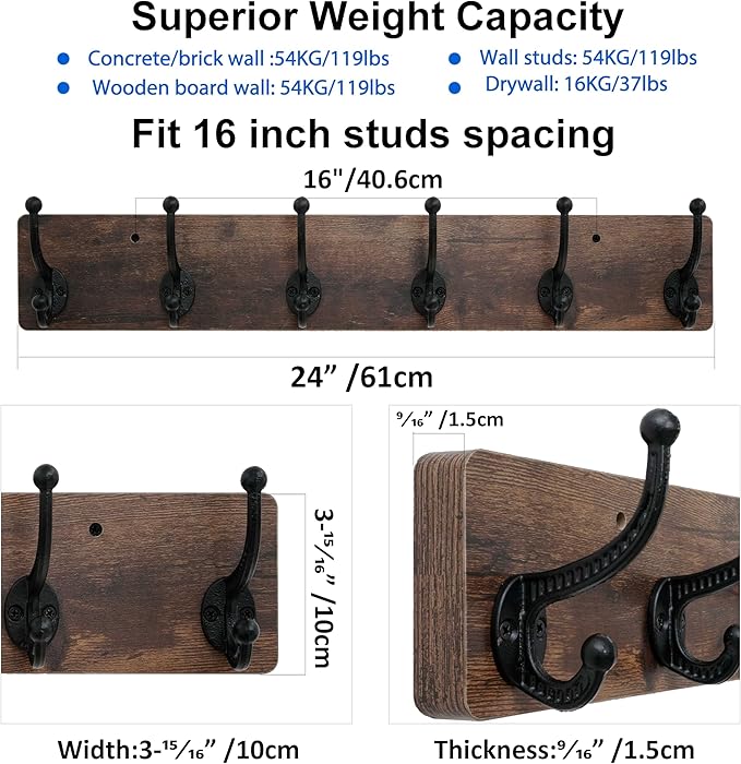 WEBI Rustic Coat Rack Wall Mount,24" Long 6 Cast Iron Coat Hooks Wall Mounted,Heavy Duty Wood Wall Coat Hanger Hooks for Hanging Coats,Jacket,Clothes,Backpack,Farmhouse,Rustic Brown