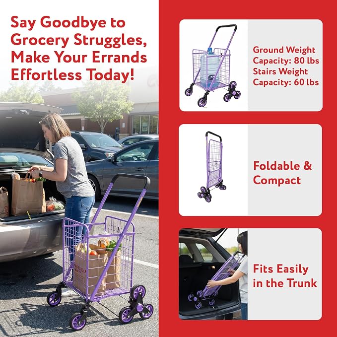 dbest Products Stair Climber Cruiser Cart Shopping Grocery Rolling Folding Laundry Basket on Wheels Foldable Utility Trolley Compact Lightweight Collapsible, Purple