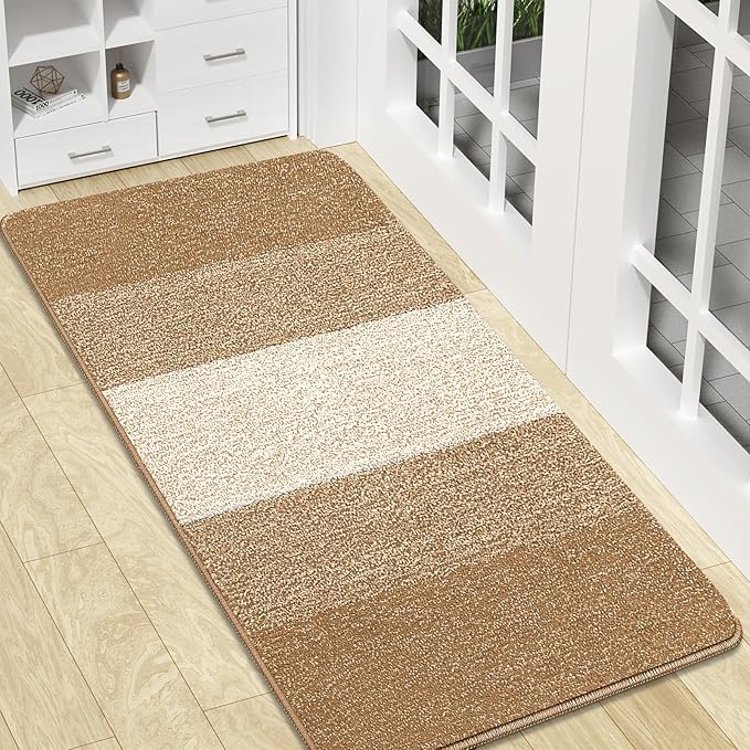 Kitinjoy Indoor Outdoor Door Mat, 47x20 Non-Slip Absorbent Dirt Trapper, Low-Profile Washable Inside Entrance Front Floor Mat, Sturdy Soft Entry Doormats for Entryway, Camel