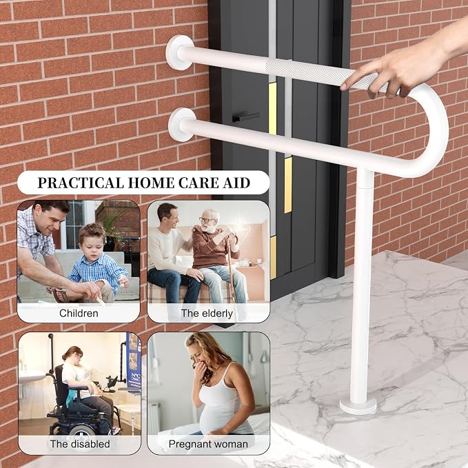 White Toilet Support Rail 32 Inch, Munzong Anti-Slip Floor to Wall Handicap Grab Bar for Bathroom, Stainless Steel Knurled Safety handrails with Leg for Elderly Disabled Pregnant-1.25’Tube
