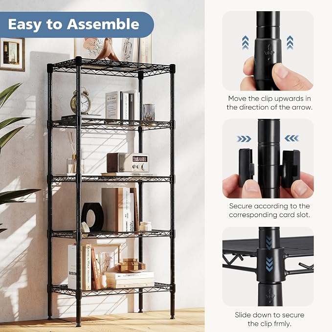 DUMOS 5-Tier Metal Wire Storage Shelves, Adjustable Standing Storage Rack Shelf, Heavy Duty Steel Shelving Unit Organizers for Kitchen Bathroom Pantry Garage, 23.2" Wx13.4 Dx59.8 H, Black